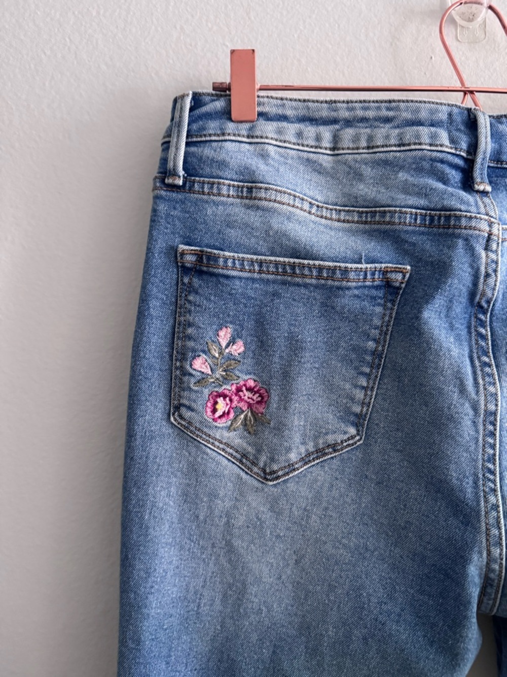 DRIFTWOOD Blue Boot Cut Jeans with Pink & Gold Floral Embroidery - Picture 12 of 13